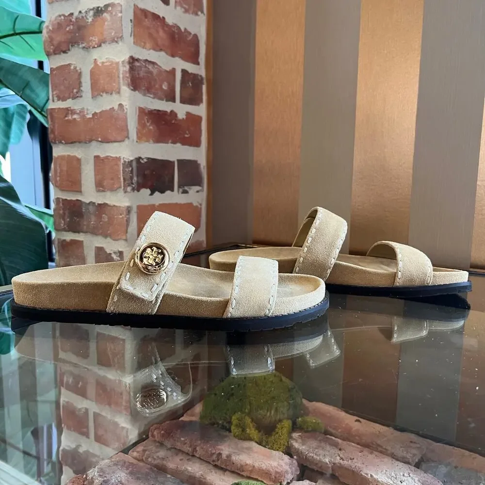 TORY BURCH Romy Sport Beige Suede Slides SZ 10